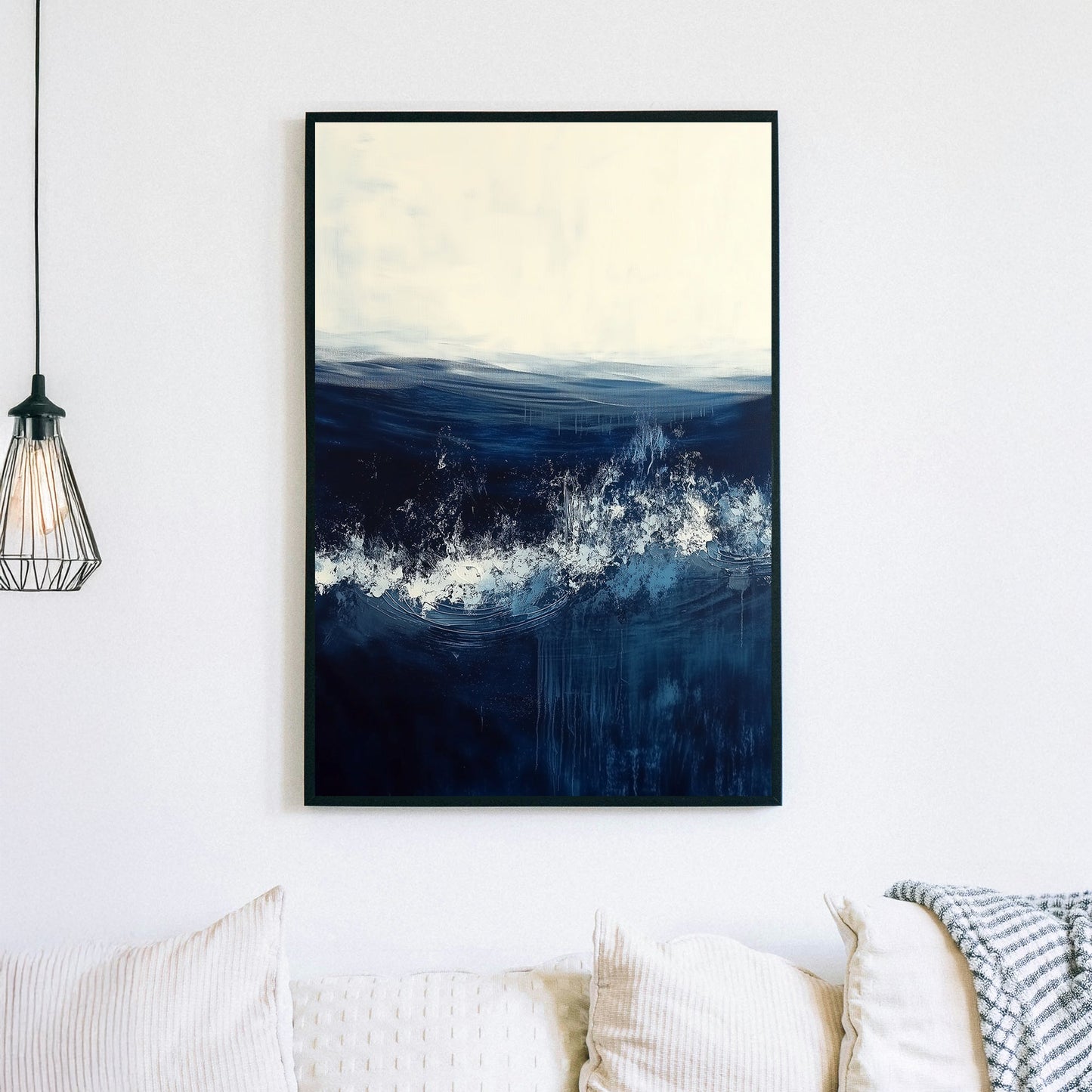 Abstract ocean wall art with deep blue waves and a soft white horizon.