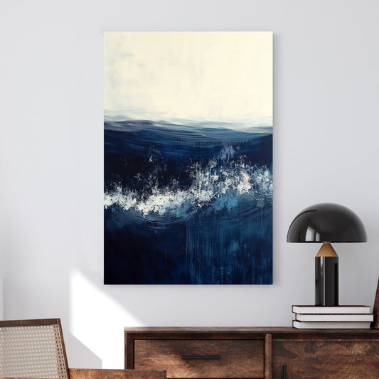 Abstract ocean wall art with deep blue waves and a soft white horizon.