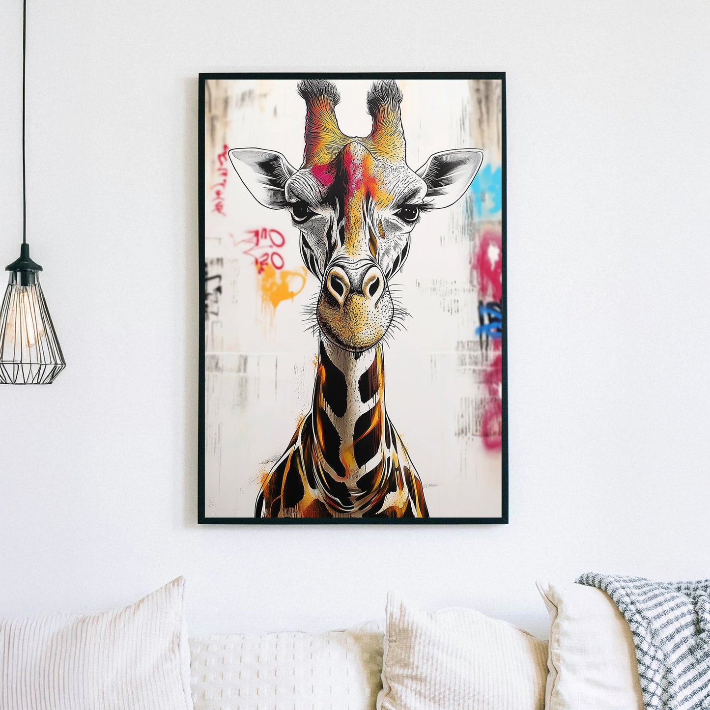 Graffiti-style giraffe portrait with bold colours on a textured urban background.