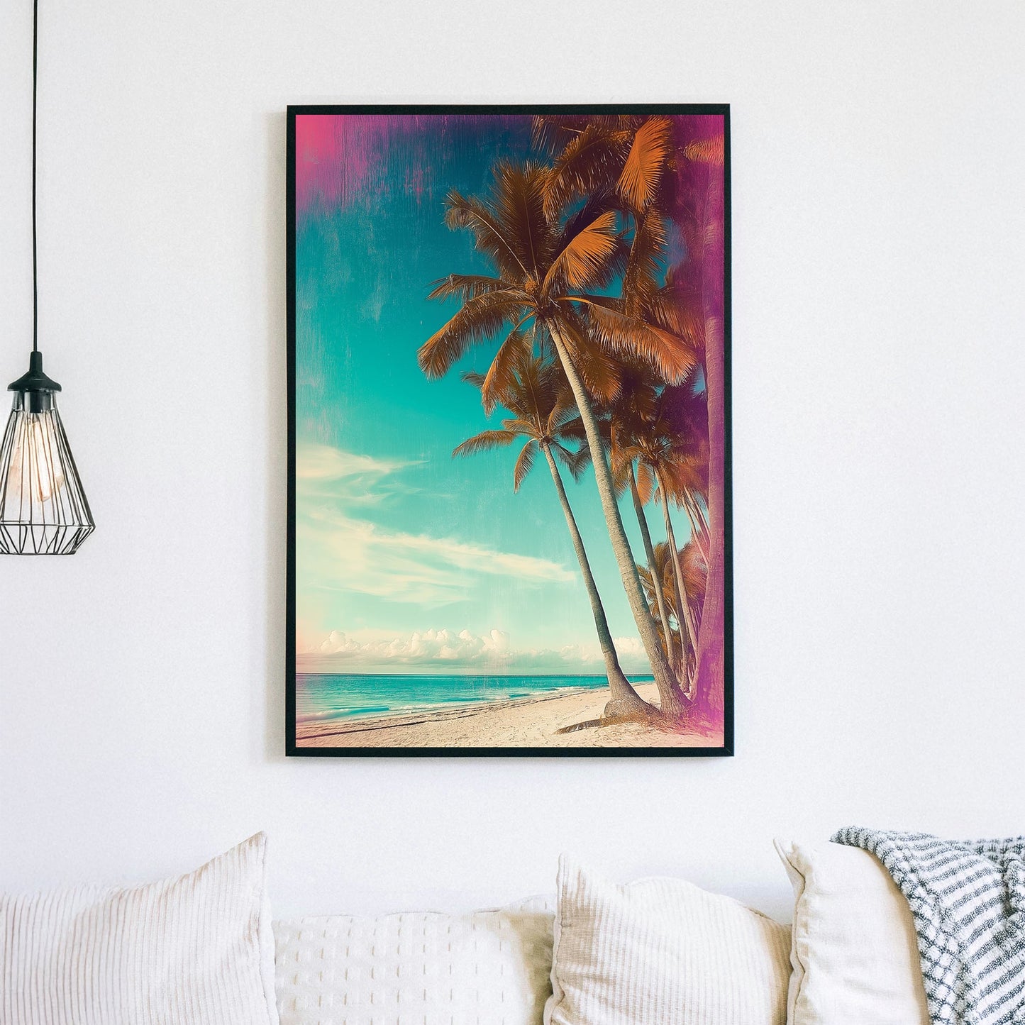 Retro-style tropical beach with leaning palm trees, a teal sky, and vintage textures.
