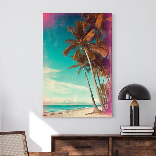 Retro-style tropical beach with leaning palm trees, a teal sky, and vintage textures.