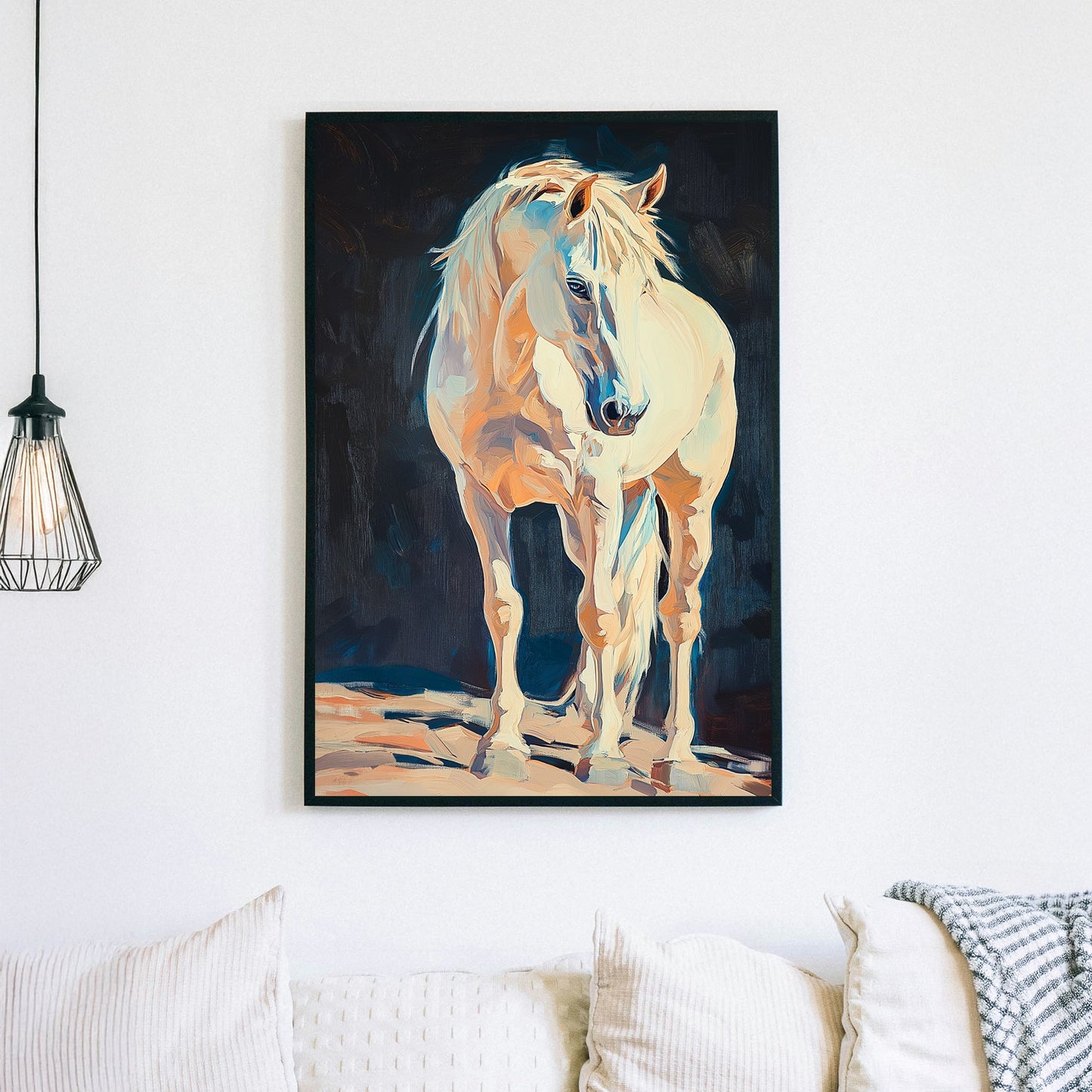 Oil wall art of a golden horse with flowing mane against a dark textured background.