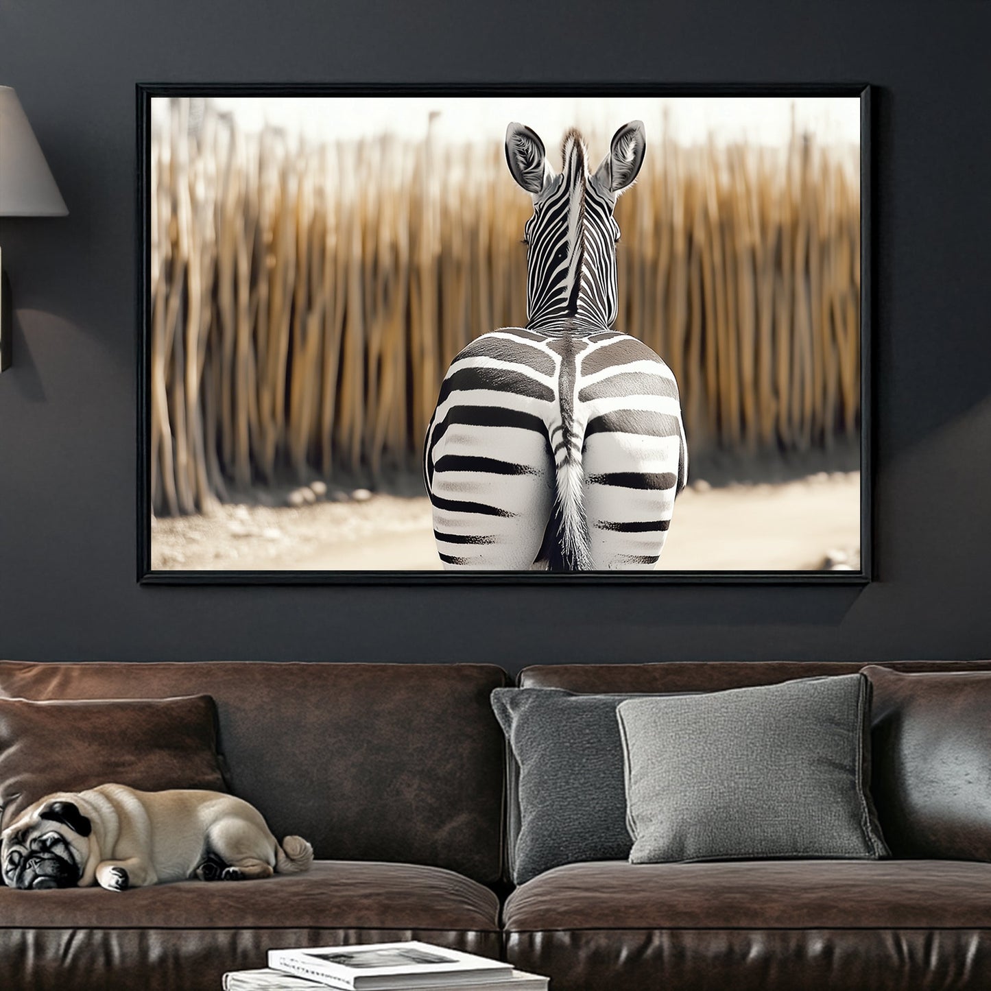 Zebra seen from behind, showcasing bold black-and-white stripes against a blurred, warm-toned background.