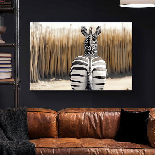 Zebra seen from behind, showcasing bold black-and-white stripes against a blurred, warm-toned background.