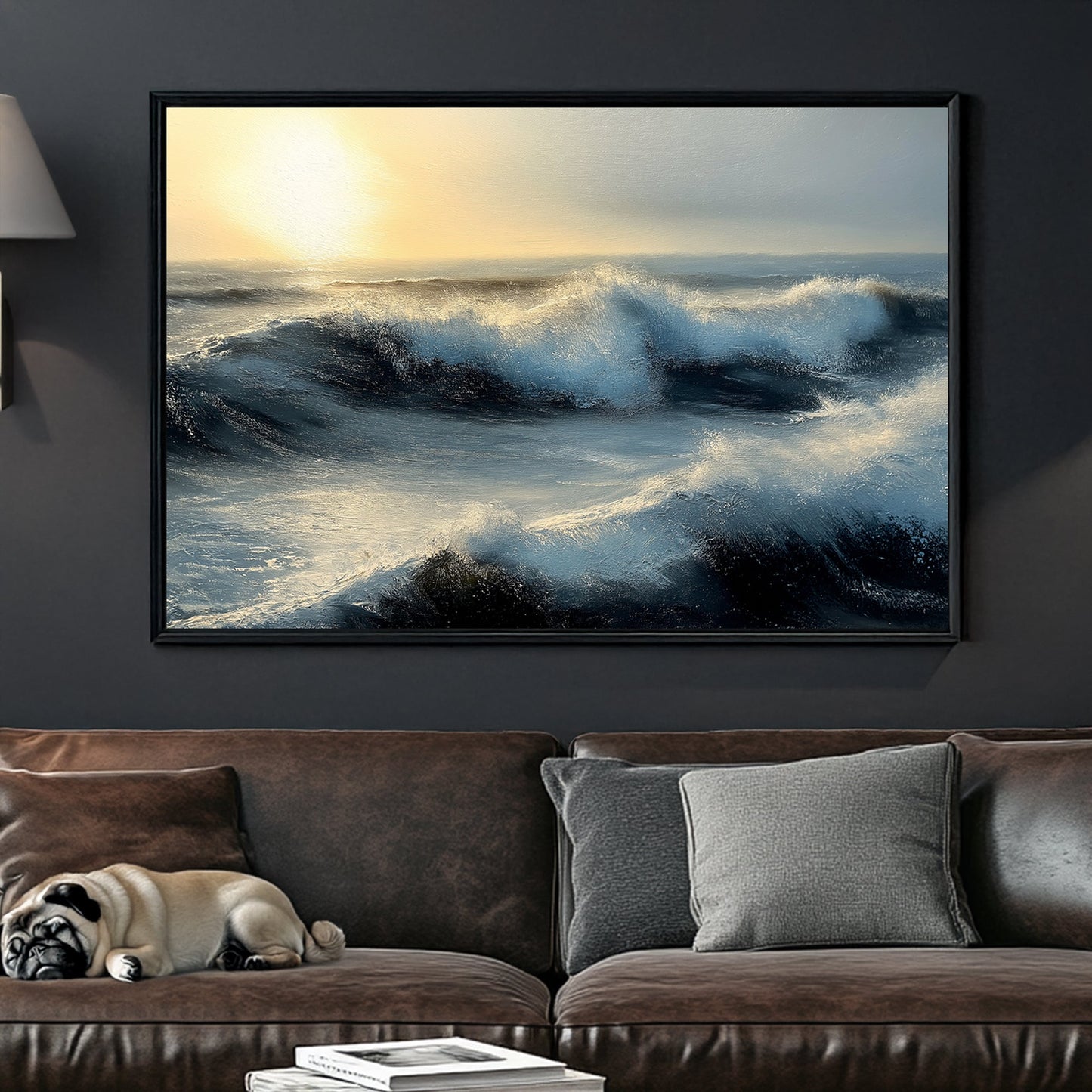 Ocean waves crashing under a golden sunset, capturing movement and light in a dramatic seascape.