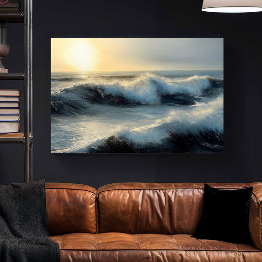 Ocean waves crashing under a golden sunset, capturing movement and light in a dramatic seascape.