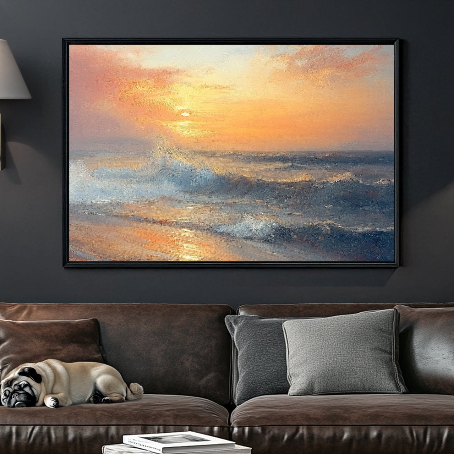 Golden sunset over ocean waves, textured impressionist wall art for coastal decor.