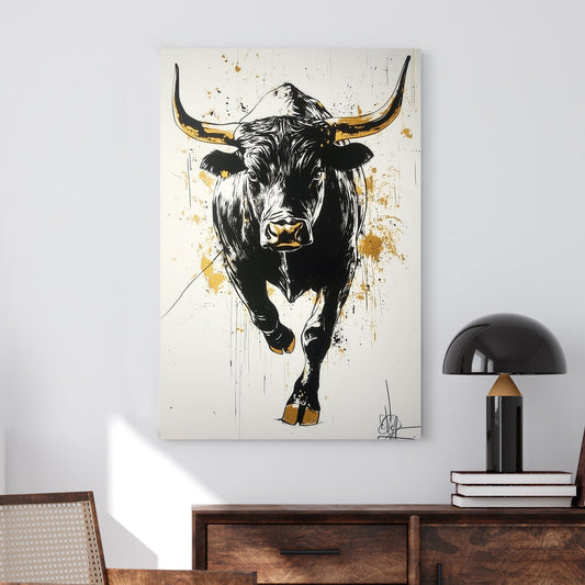 Black and gold charging bull wall art with urban splatter effect.