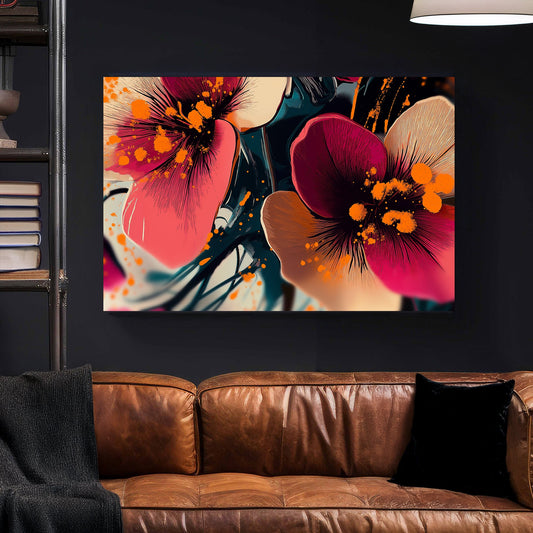 Vibrant floral wall art with pink and orange splashes on a dark abstract background.