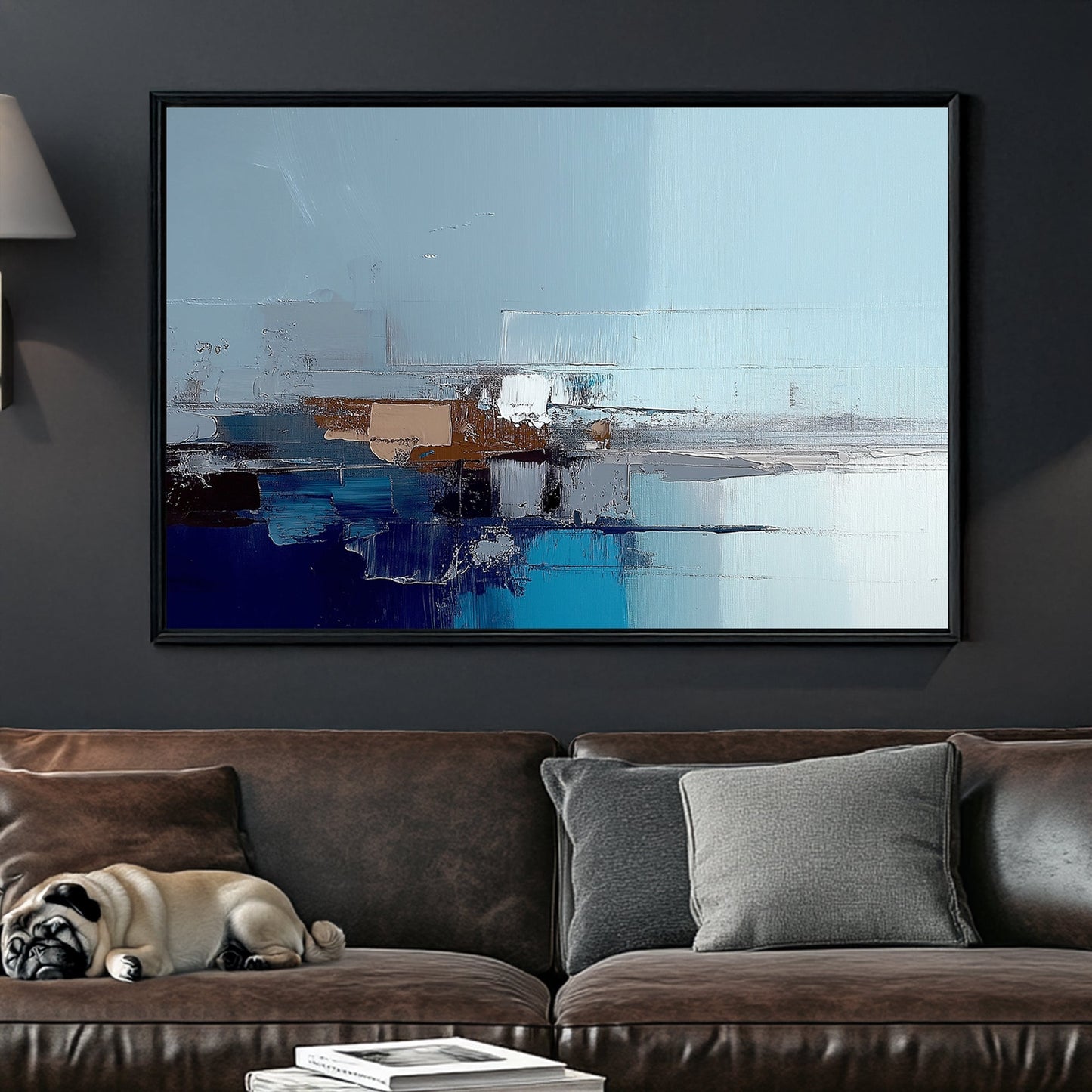 Abstract cityscape wall art in shades of blue, grey, and brown with reflective textures.