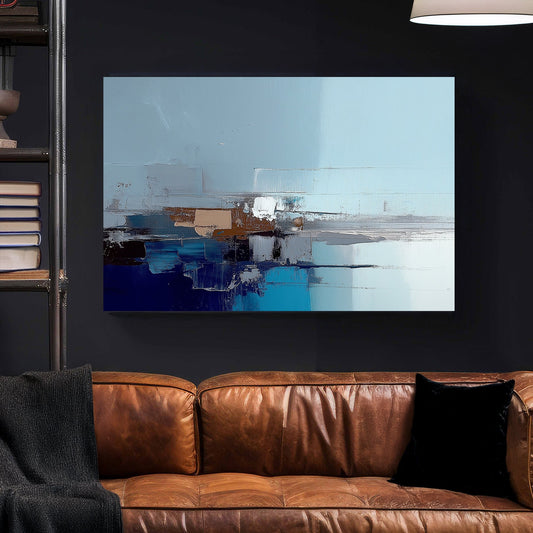 Abstract cityscape wall art in shades of blue, grey, and brown with reflective textures.