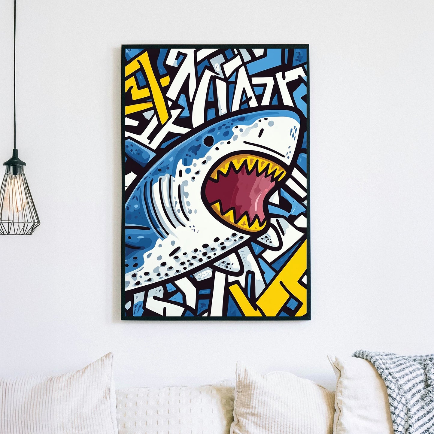 Graffiti-style shark wall art with bold colours and street art elements.