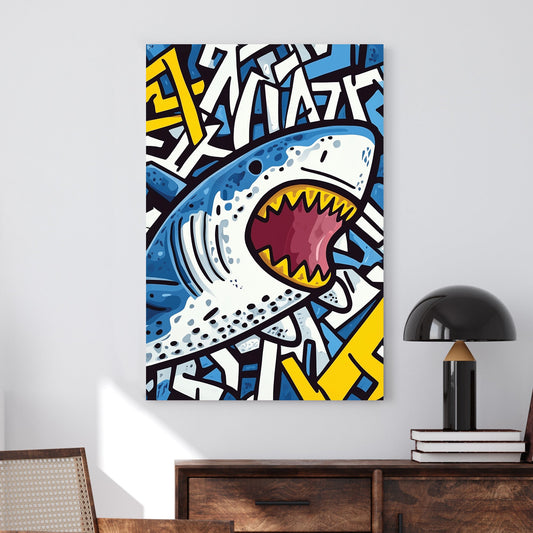 Graffiti-style shark wall art with bold colours and street art elements.