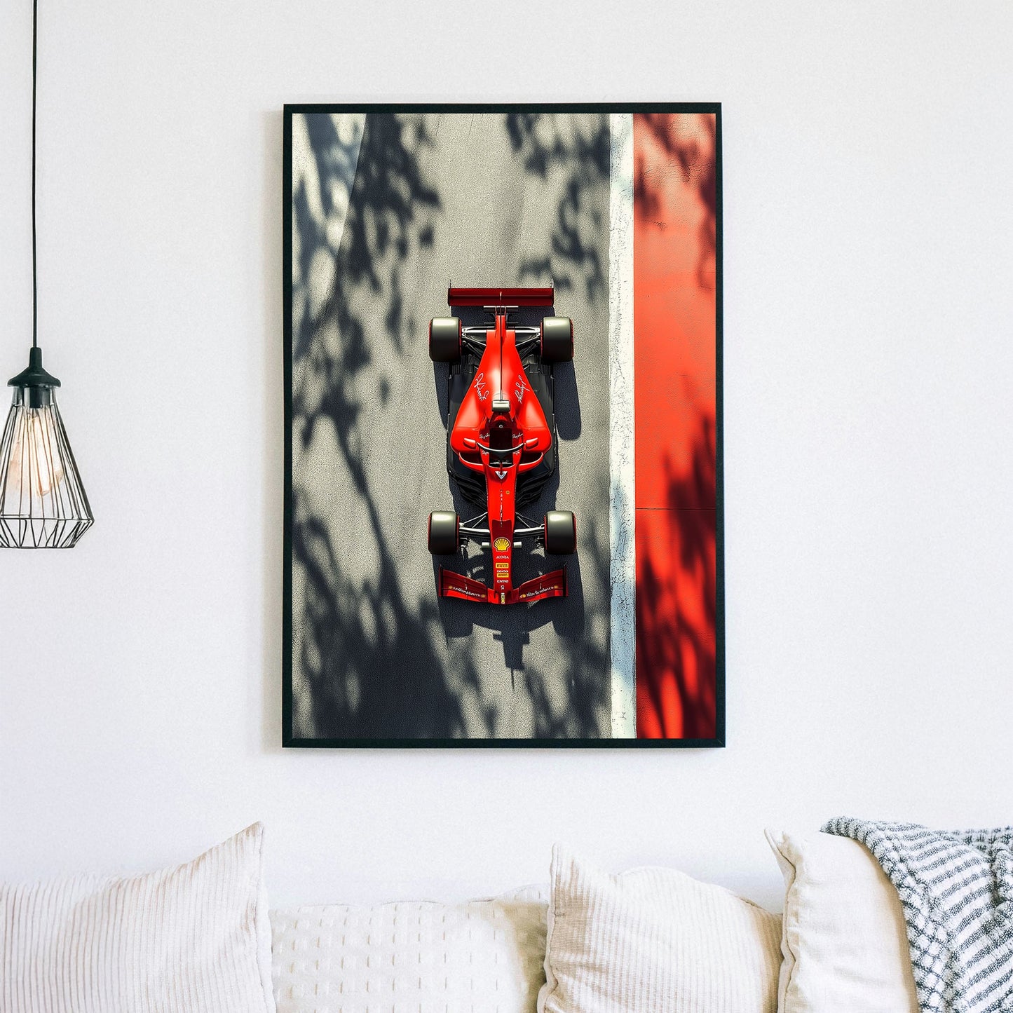 Formula 1 red Ferrari race car wall art with track and shadows.