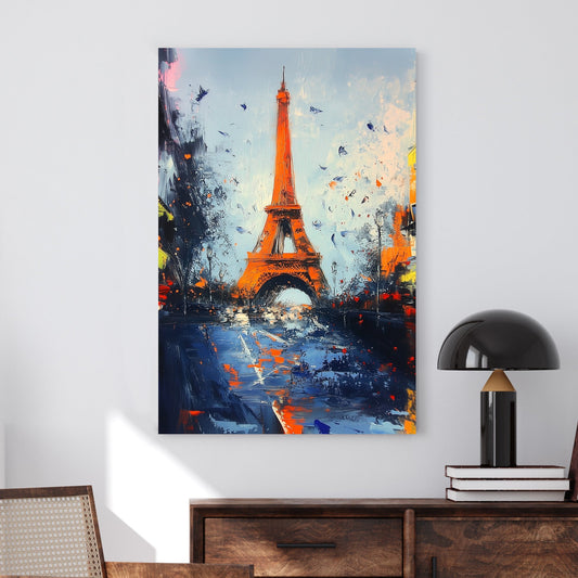 Eiffel Tower abstract cityscape wall art with bold colours and textured brushstrokes.