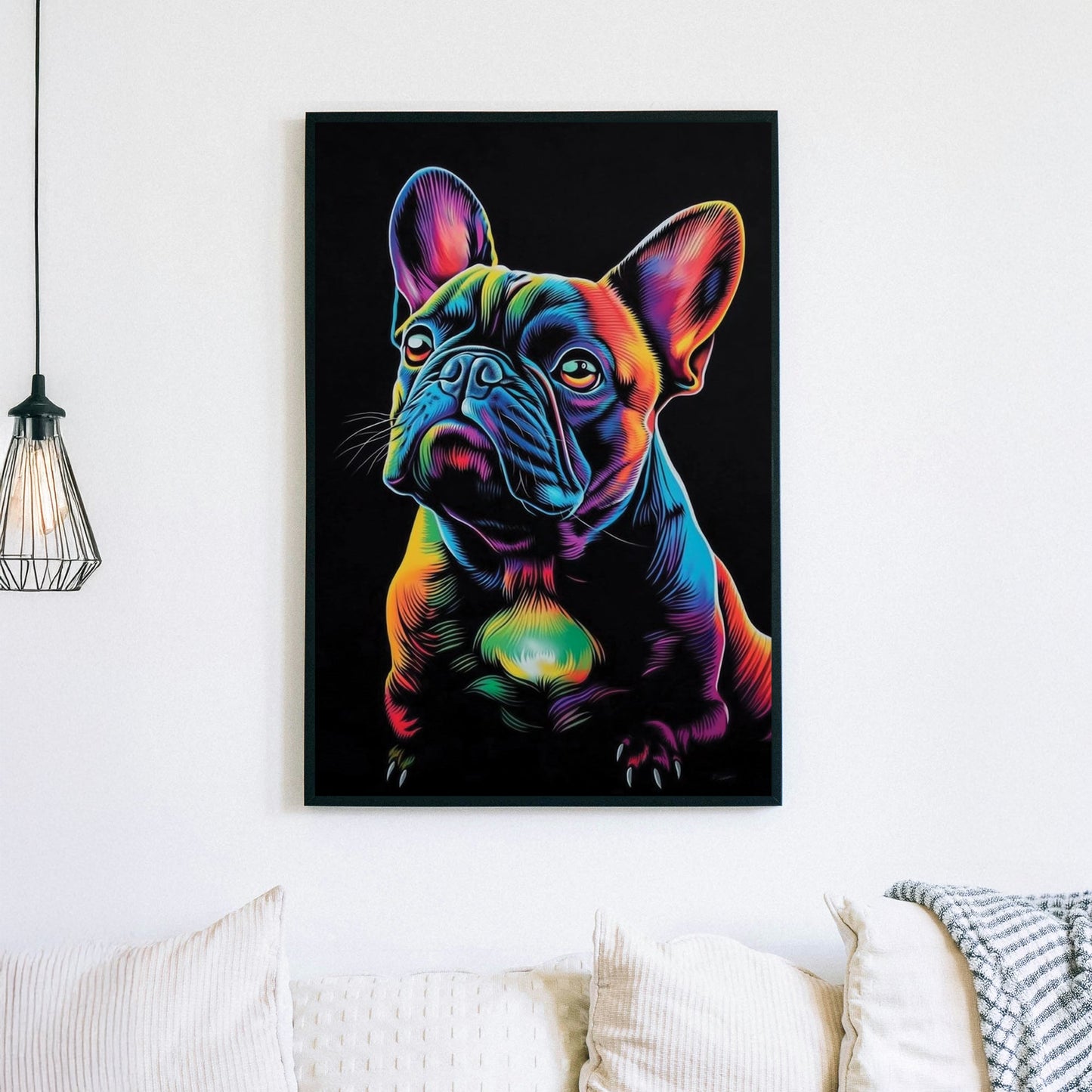 Neon French Bulldog wall art with vibrant colours on a black background.