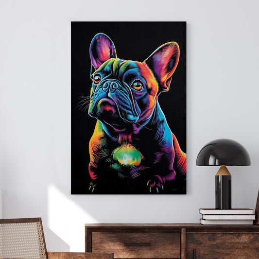 Neon French Bulldog wall art with vibrant colours on a black background.