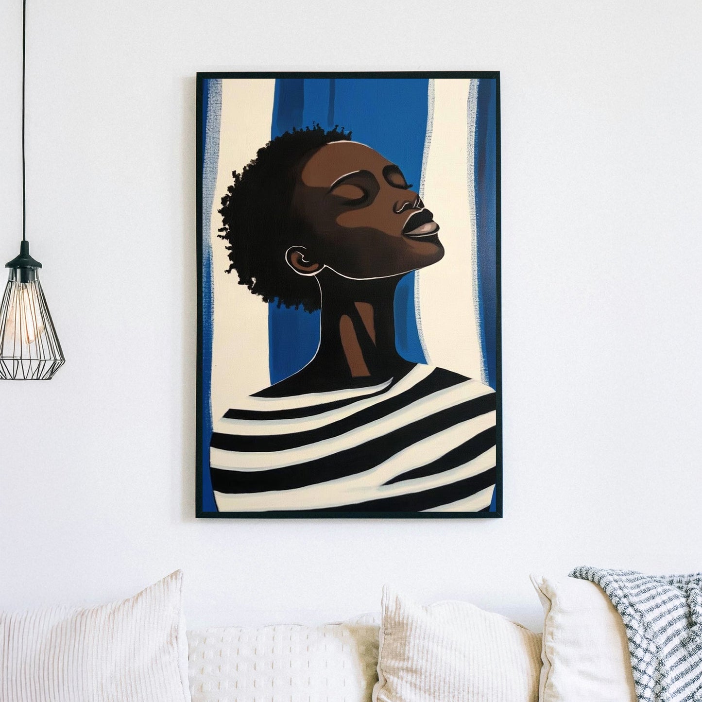 Minimalist portrait wall art of a woman in striped clothing against a blue and white background.