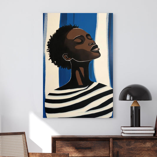 Minimalist portrait wall art of a woman in striped clothing against a blue and white background.