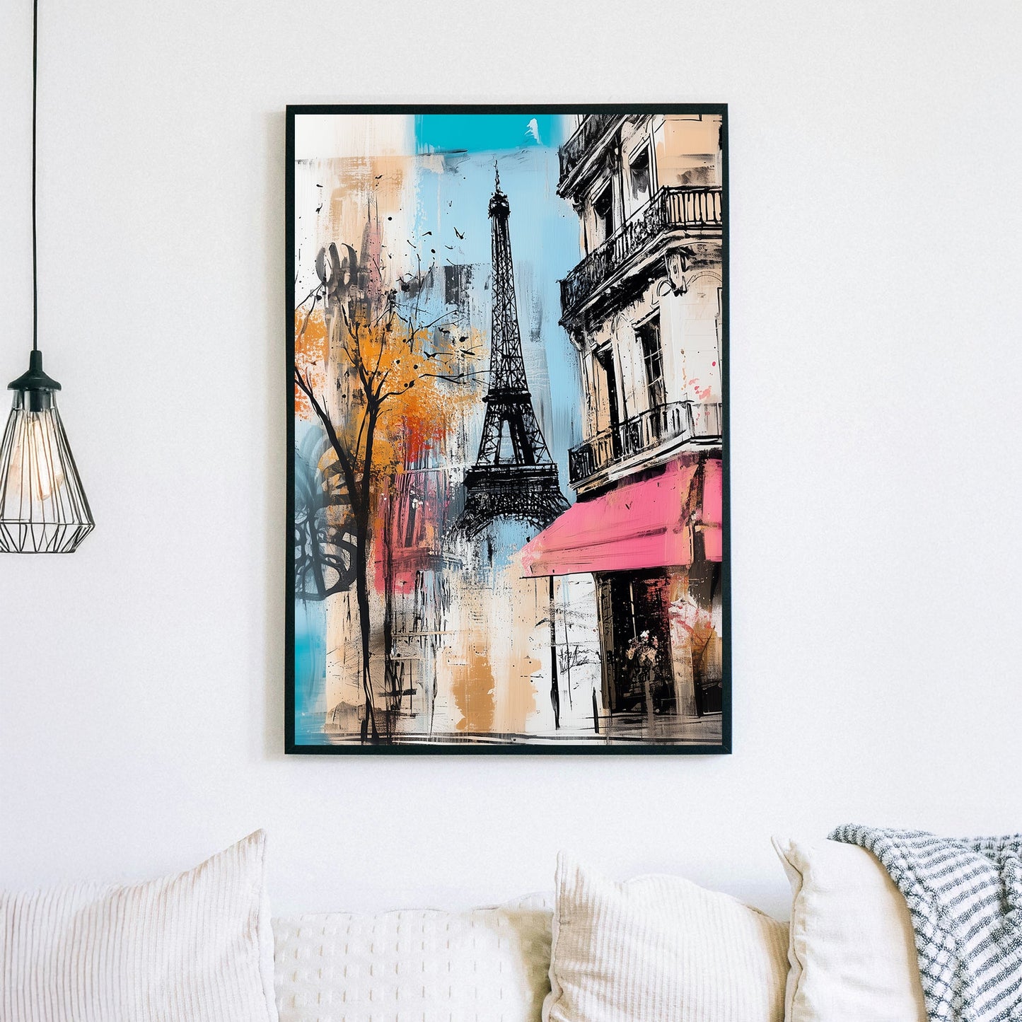 Modern Paris wall art featuring the Eiffel Tower and a Parisian café with bold artistic brushstrokes.