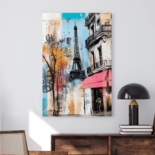 Modern Paris wall art featuring the Eiffel Tower and a Parisian café with bold artistic brushstrokes.