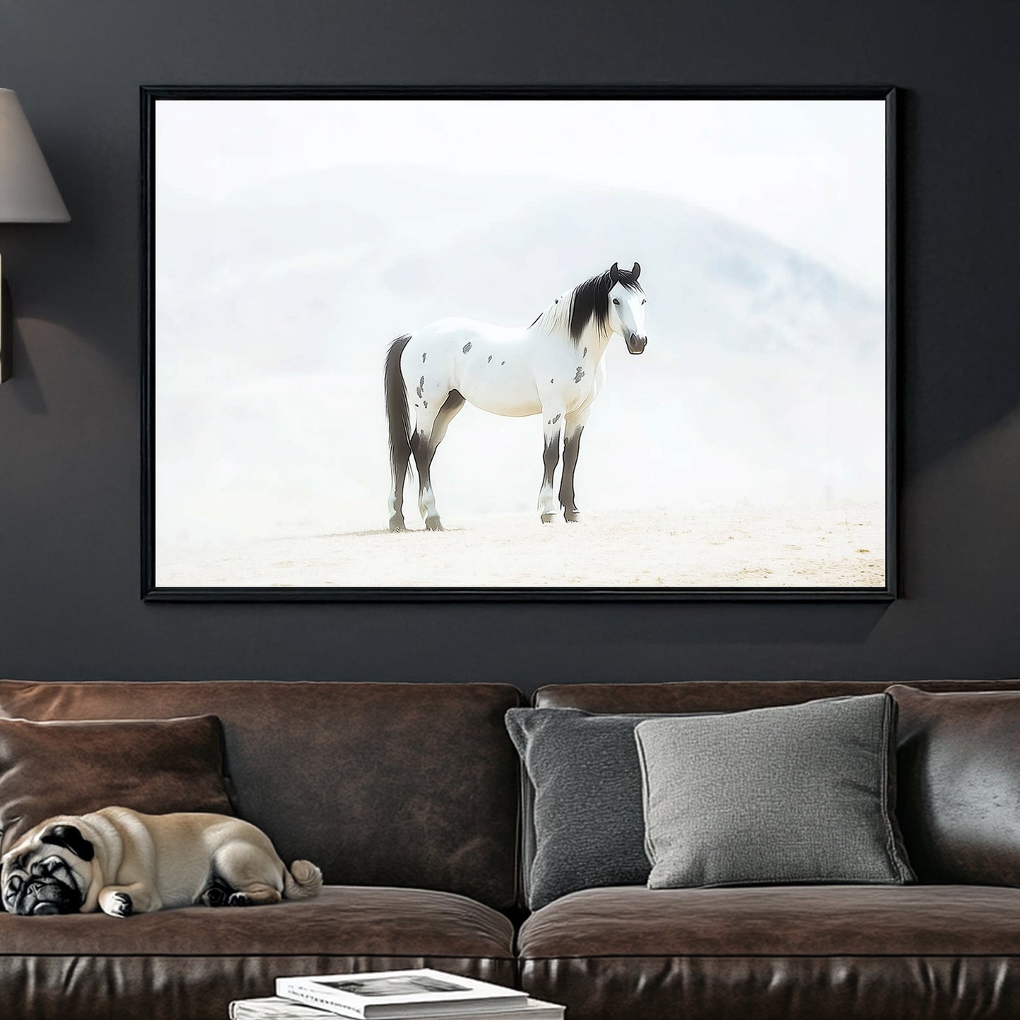 Majestic white and black mustang wall art with a misty, ethereal backdrop.