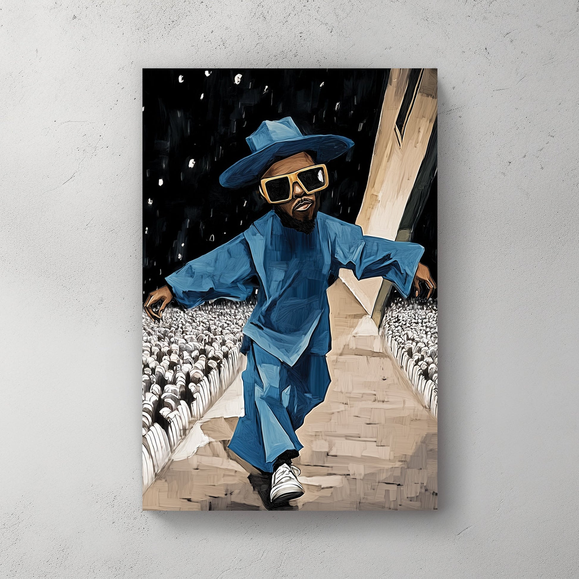 Stylish figure in blue oversized outfit and sunglasses wall art.