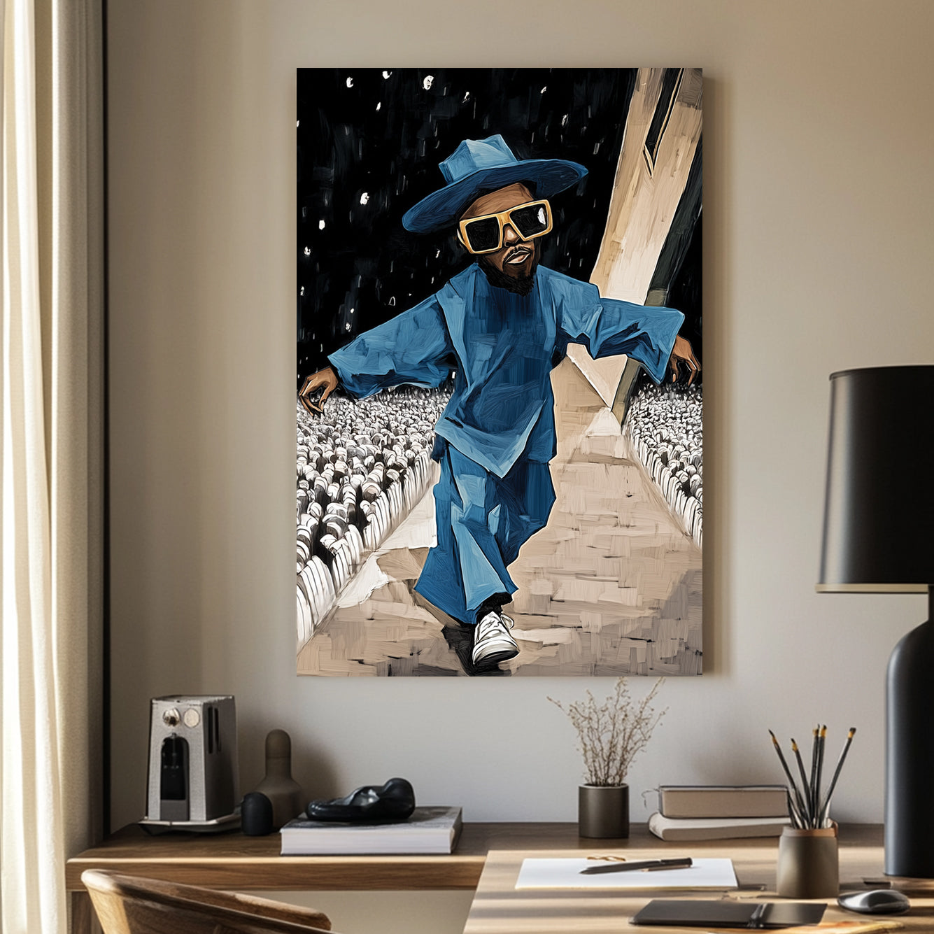 Stylish figure in blue oversized outfit and sunglasses wall art.