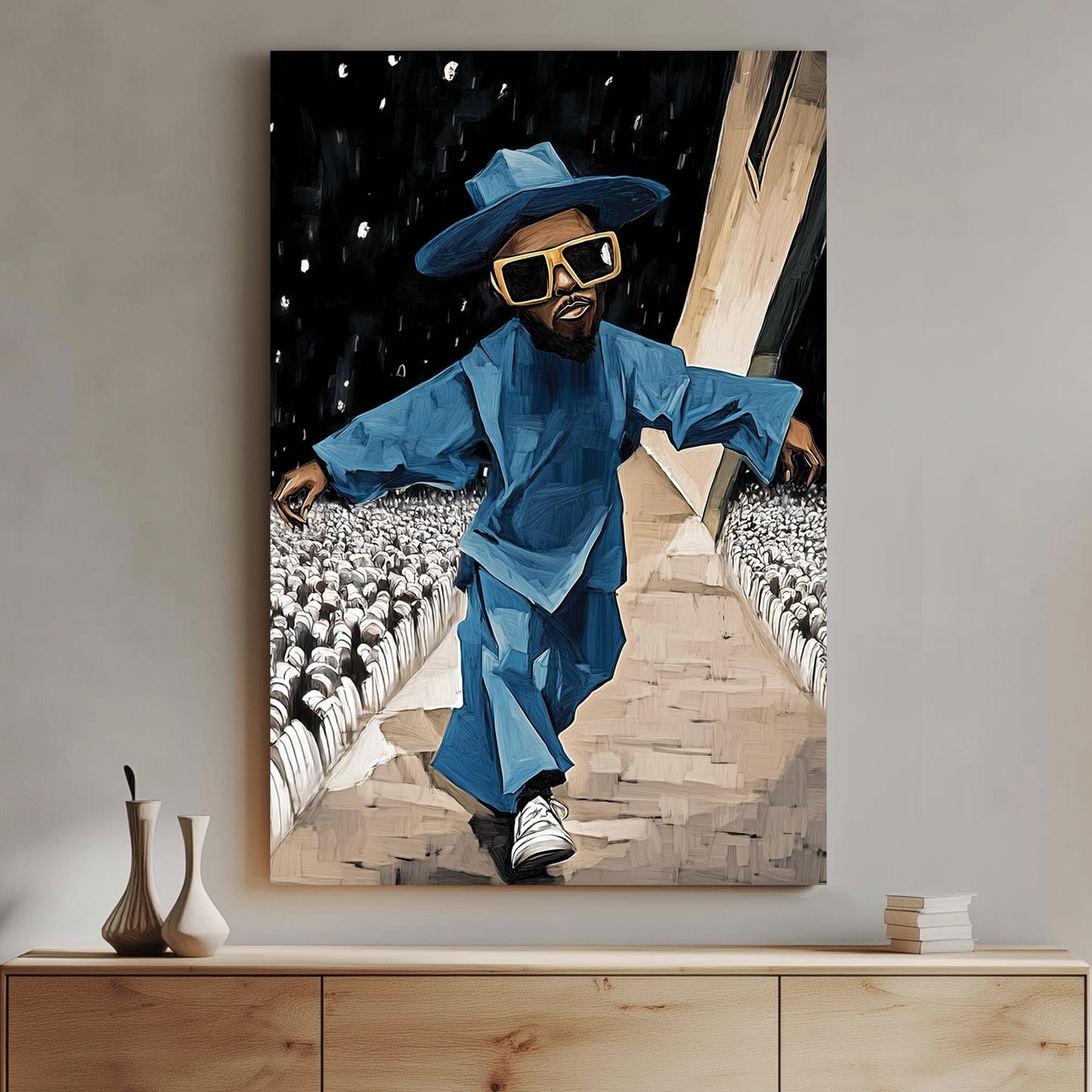 Stylish figure in blue oversized outfit and sunglasses wall art.