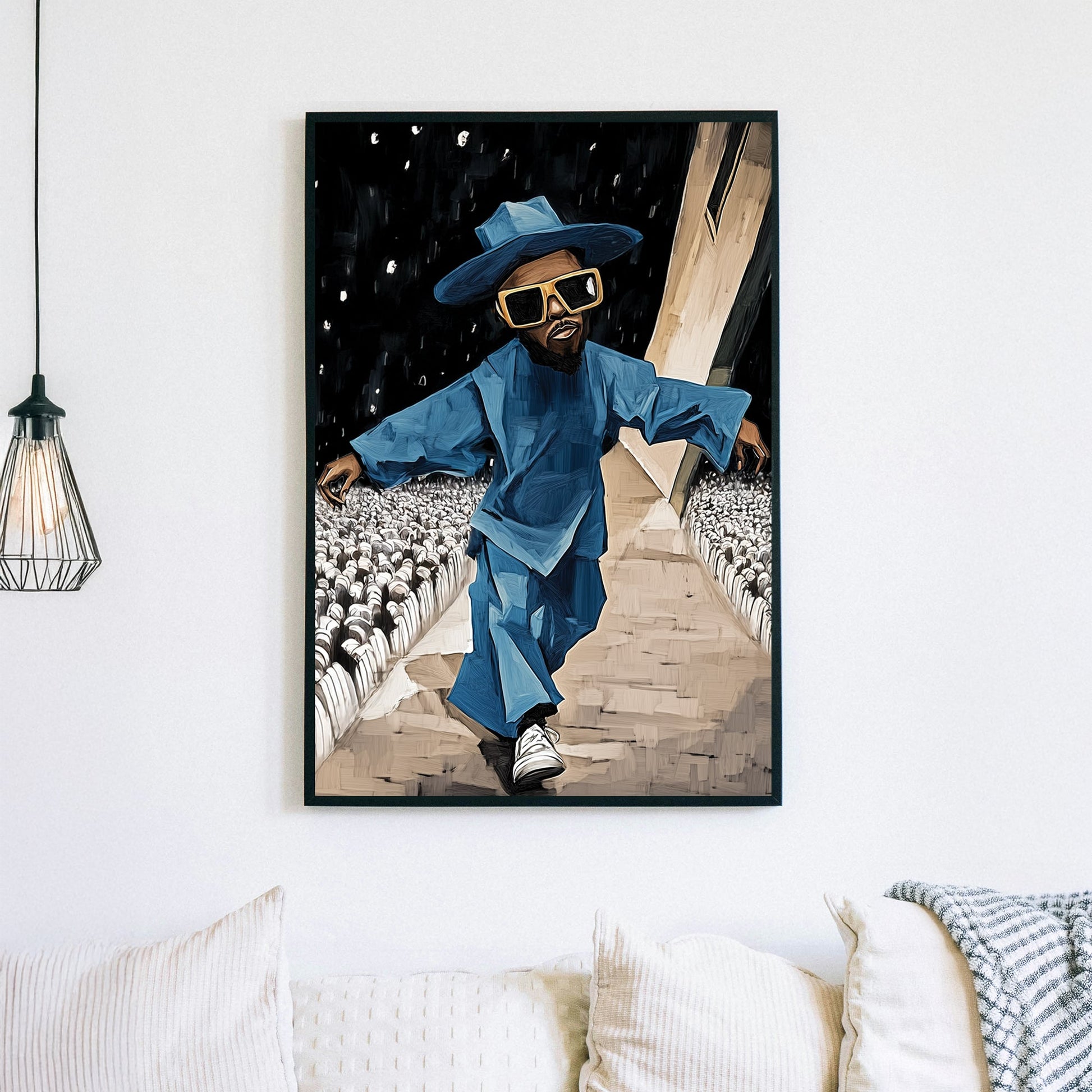 Stylish figure in blue oversized outfit and sunglasses wall art.