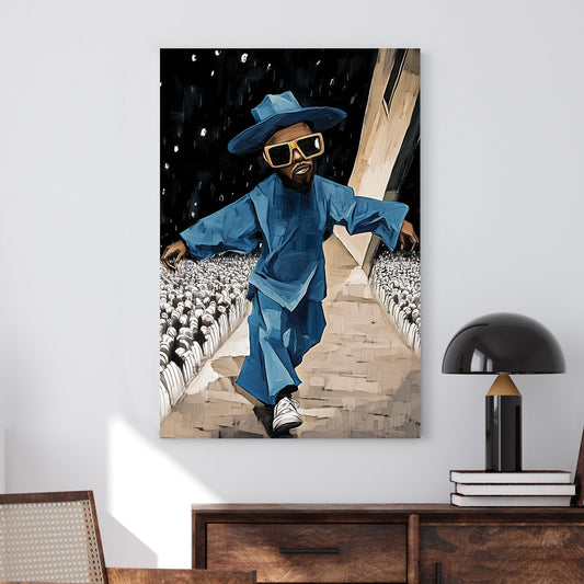 Stylish figure in blue oversized outfit and sunglasses wall art.