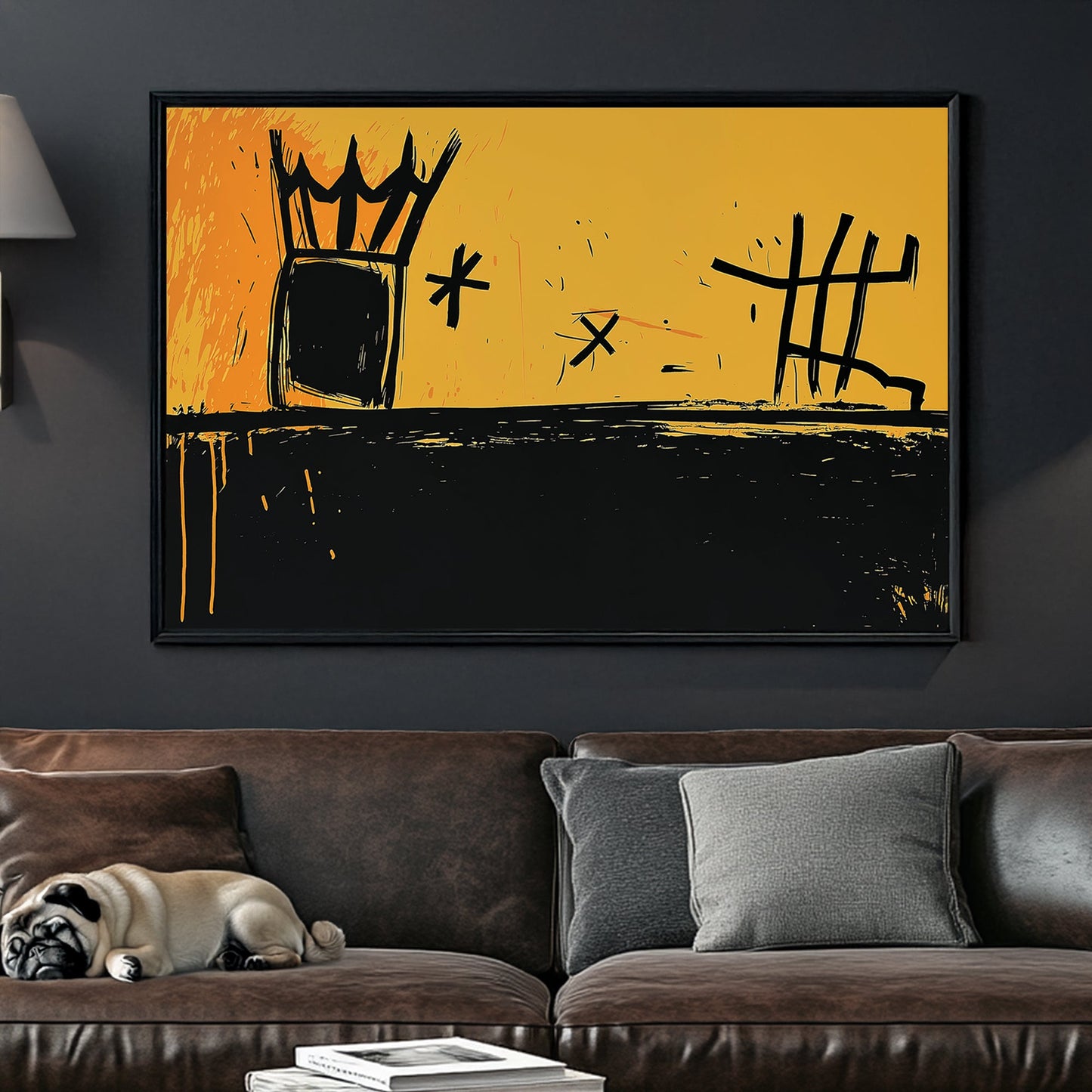 Abstract graffiti-style crown and symbols wall art in yellow and black.