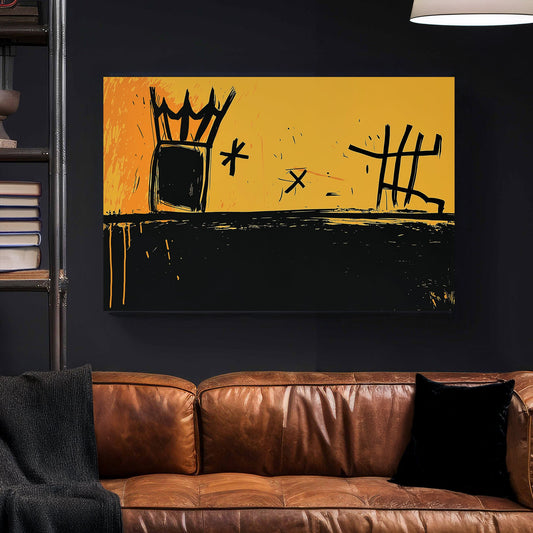 Abstract graffiti-style crown and symbols wall art in yellow and black.