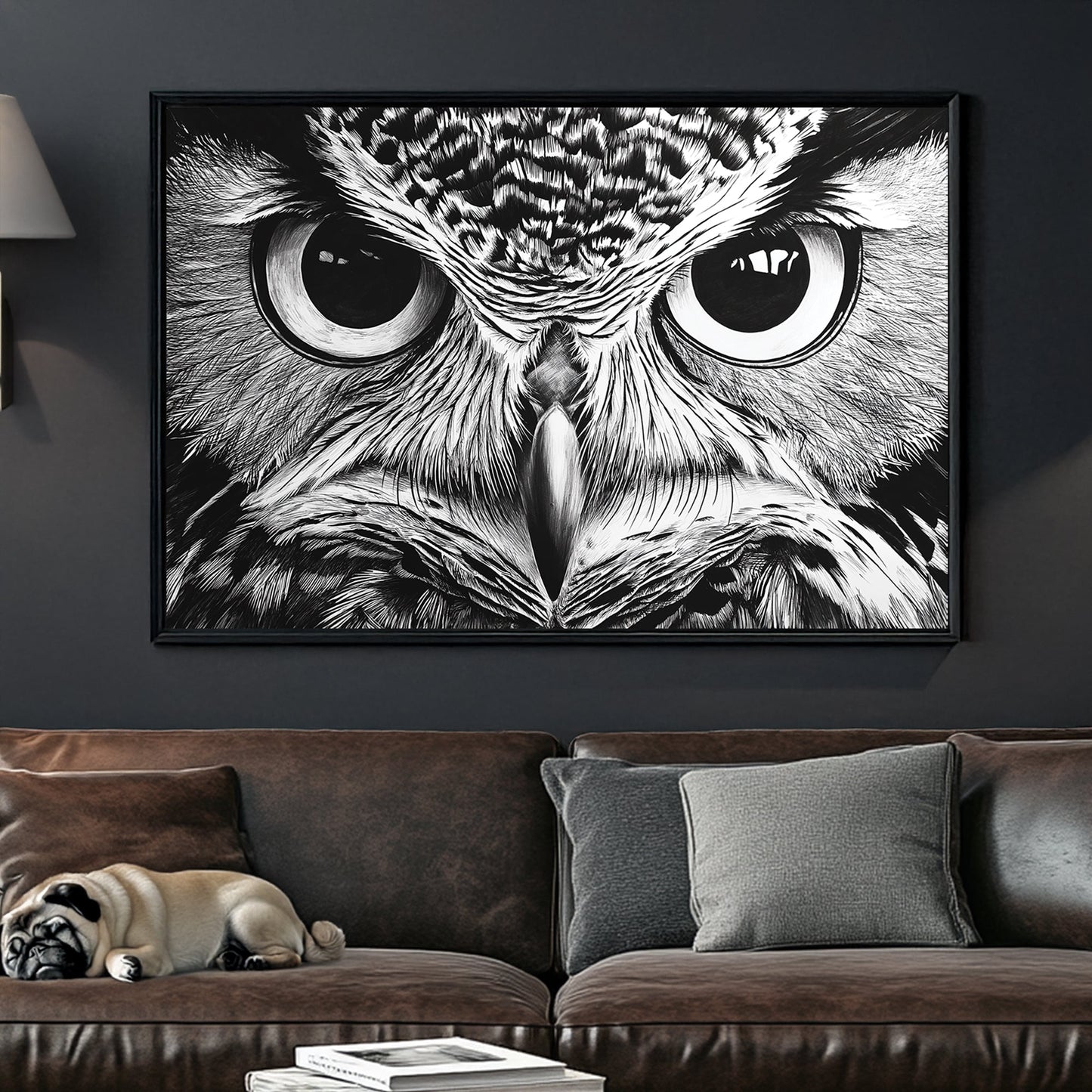 Black and white close-up owl eyes wall art with intricate details.