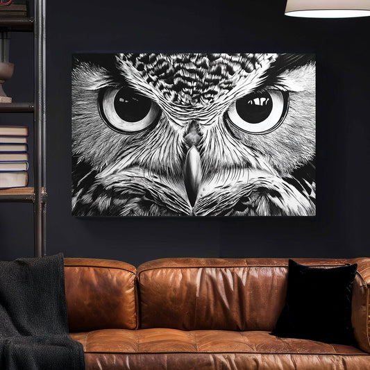 Black and white close-up owl eyes wall art with intricate details.