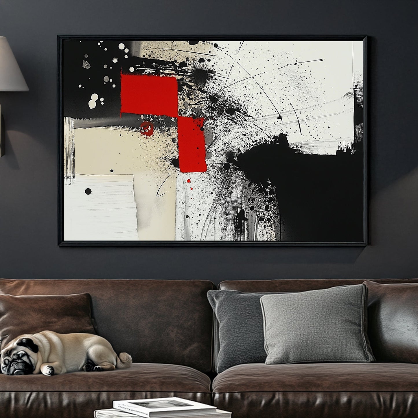 Abstract black, white, and red wall art with geometric accents and paint splatters.