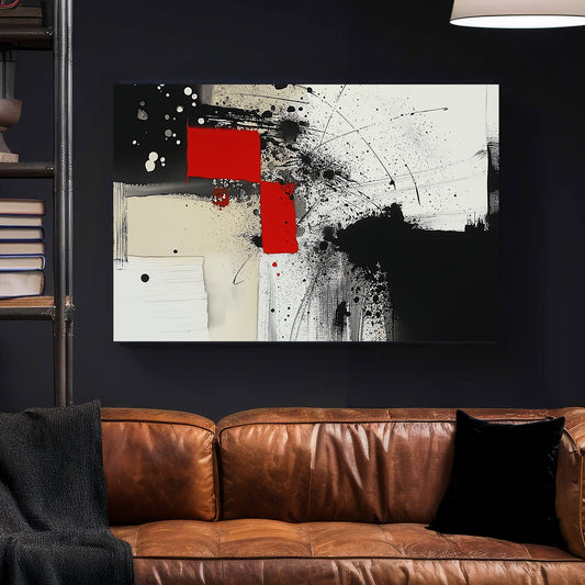 Abstract black, white, and red wall art with geometric accents and paint splatters.