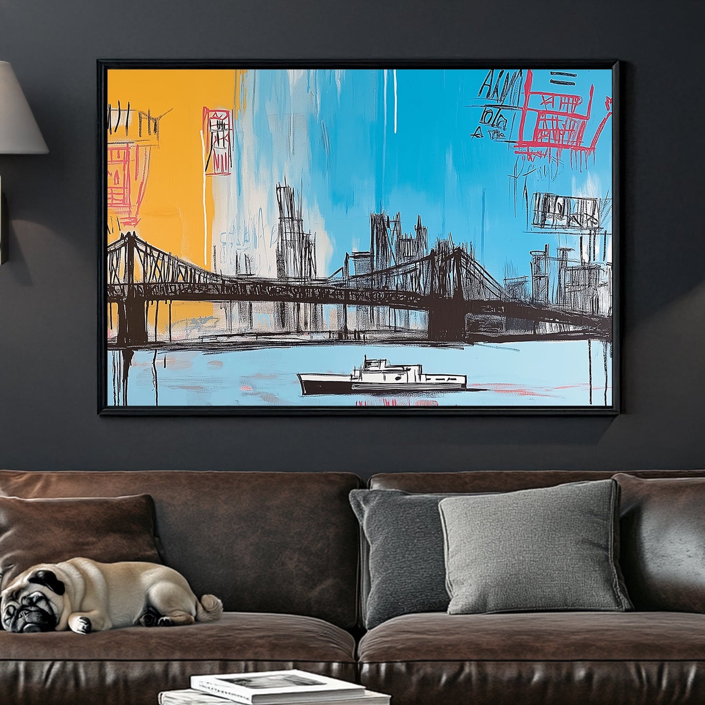 Graffiti-style urban cityscape wall art featuring a bridge and boat.