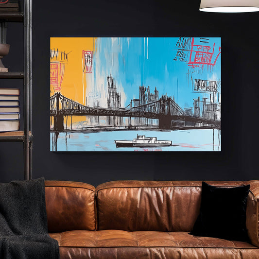 Graffiti-style urban cityscape wall art featuring a bridge and boat.
