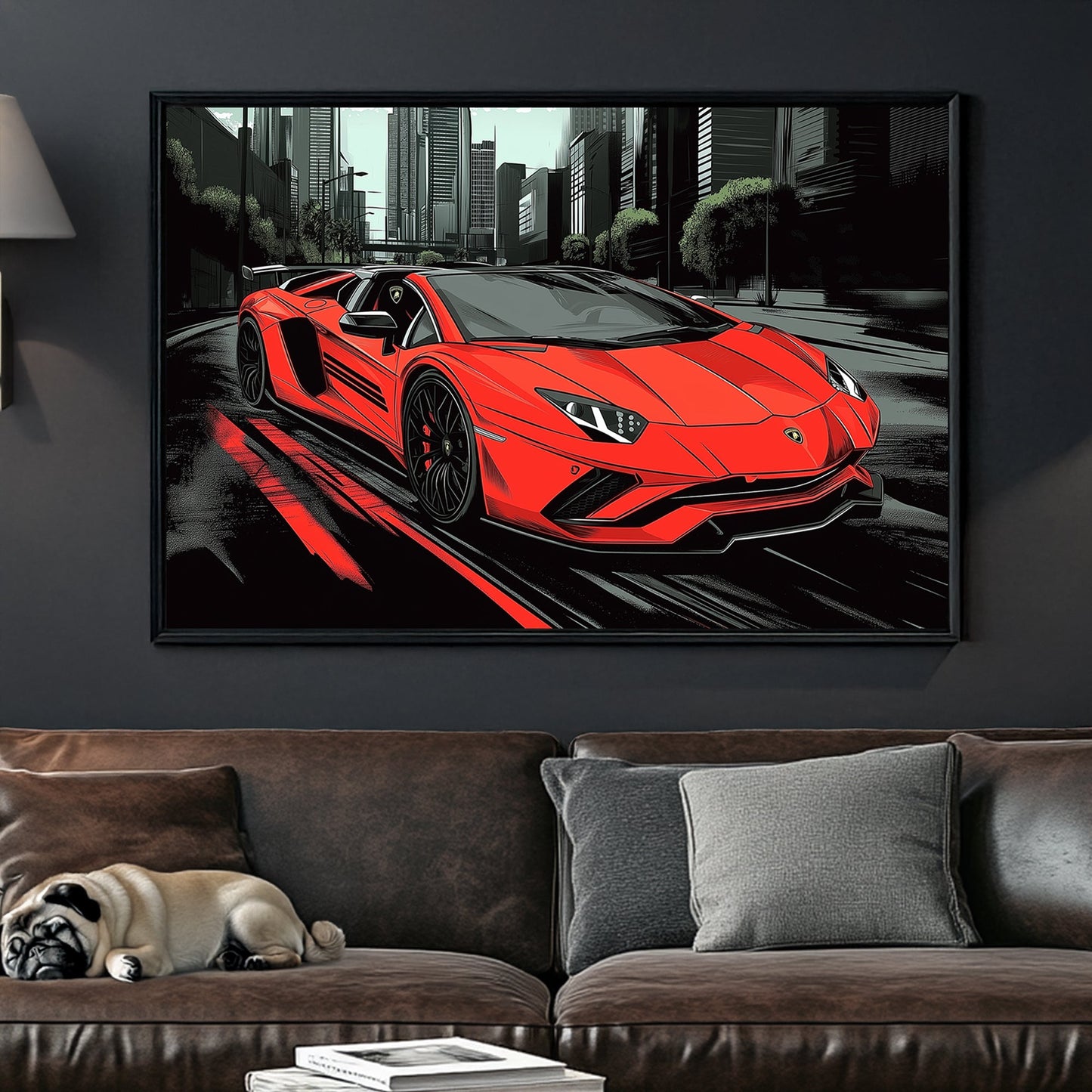 Red Lamborghini speeding through a futuristic cityscape wall art.