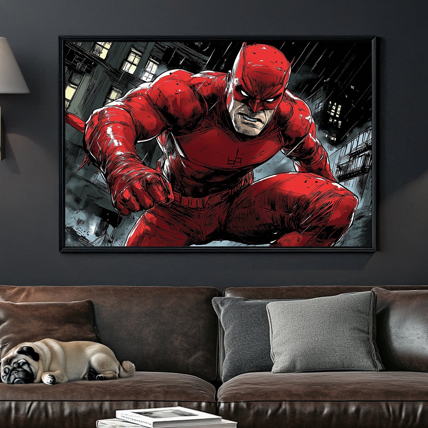 Daredevil comic-style wall art featuring a bold red-suited vigilante in a rain-soaked city.