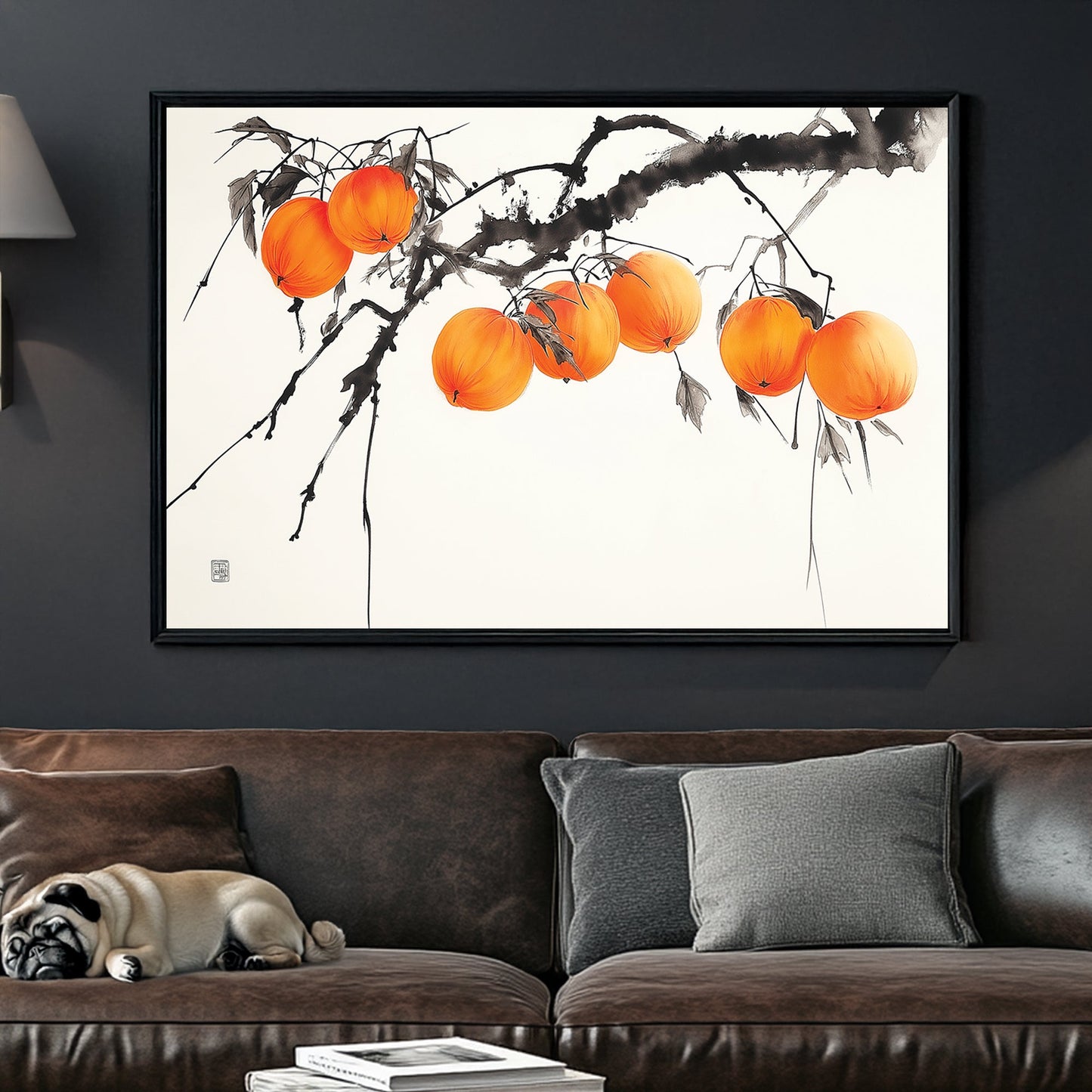 Japanese ink wall art of persimmons on a branch with delicate brushstrokes and soft orange hues.