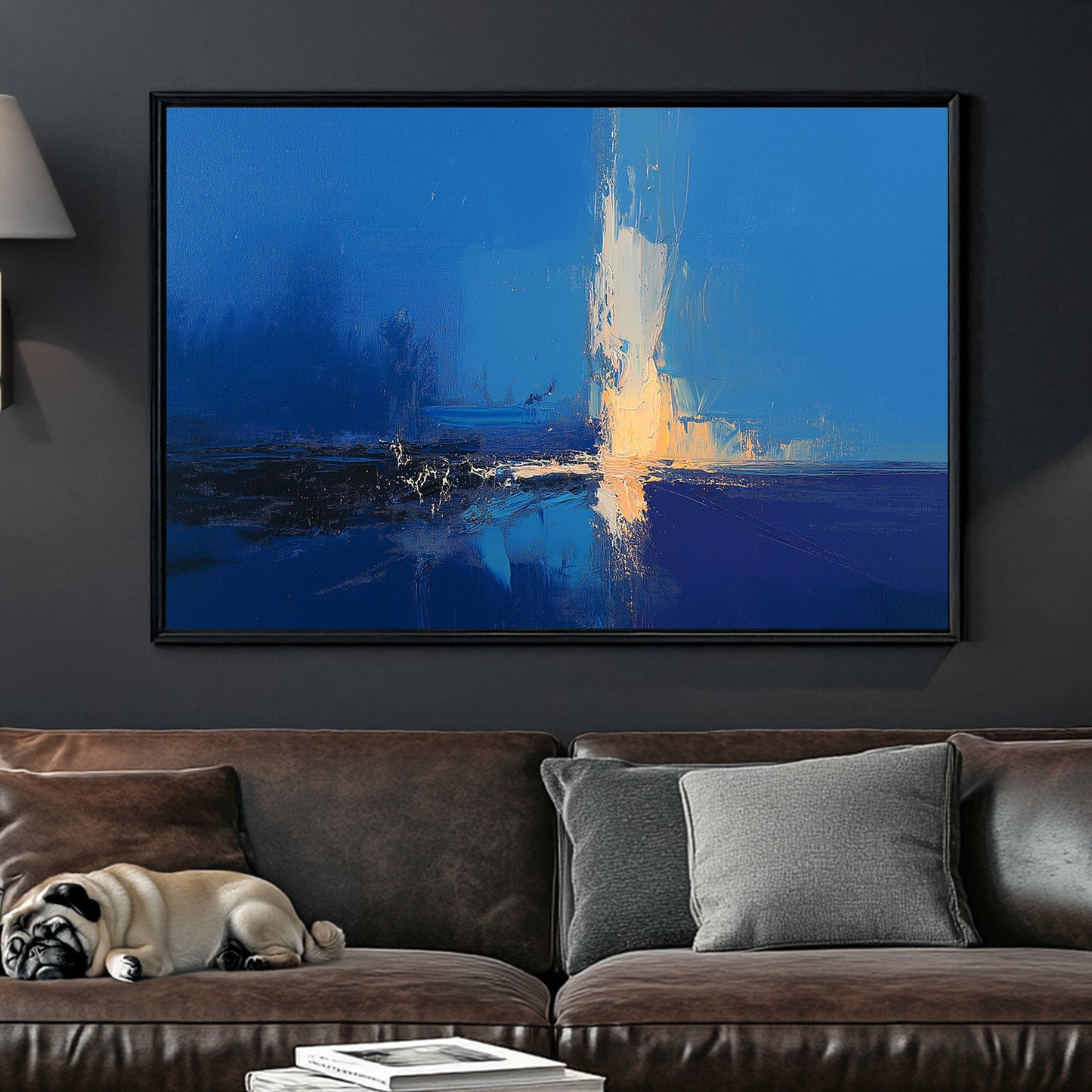 Abstract modern wall art with deep blue tones and golden light reflection, featuring expressive textured brushstrokes.