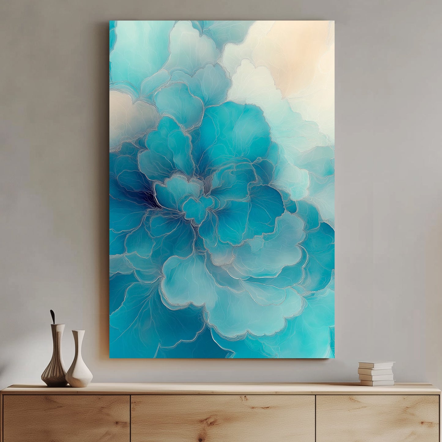 Abstract floral-inspired wall art in shades of blue and ivory, featuring delicate fluid textures.