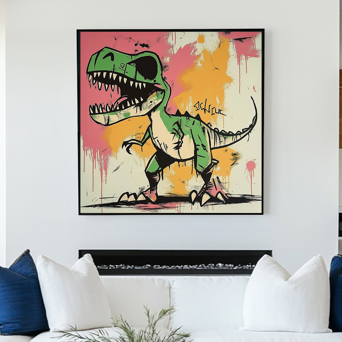 Graffiti-style dinosaur wall art featuring a green T-Rex on a vibrant pink and orange abstract background.