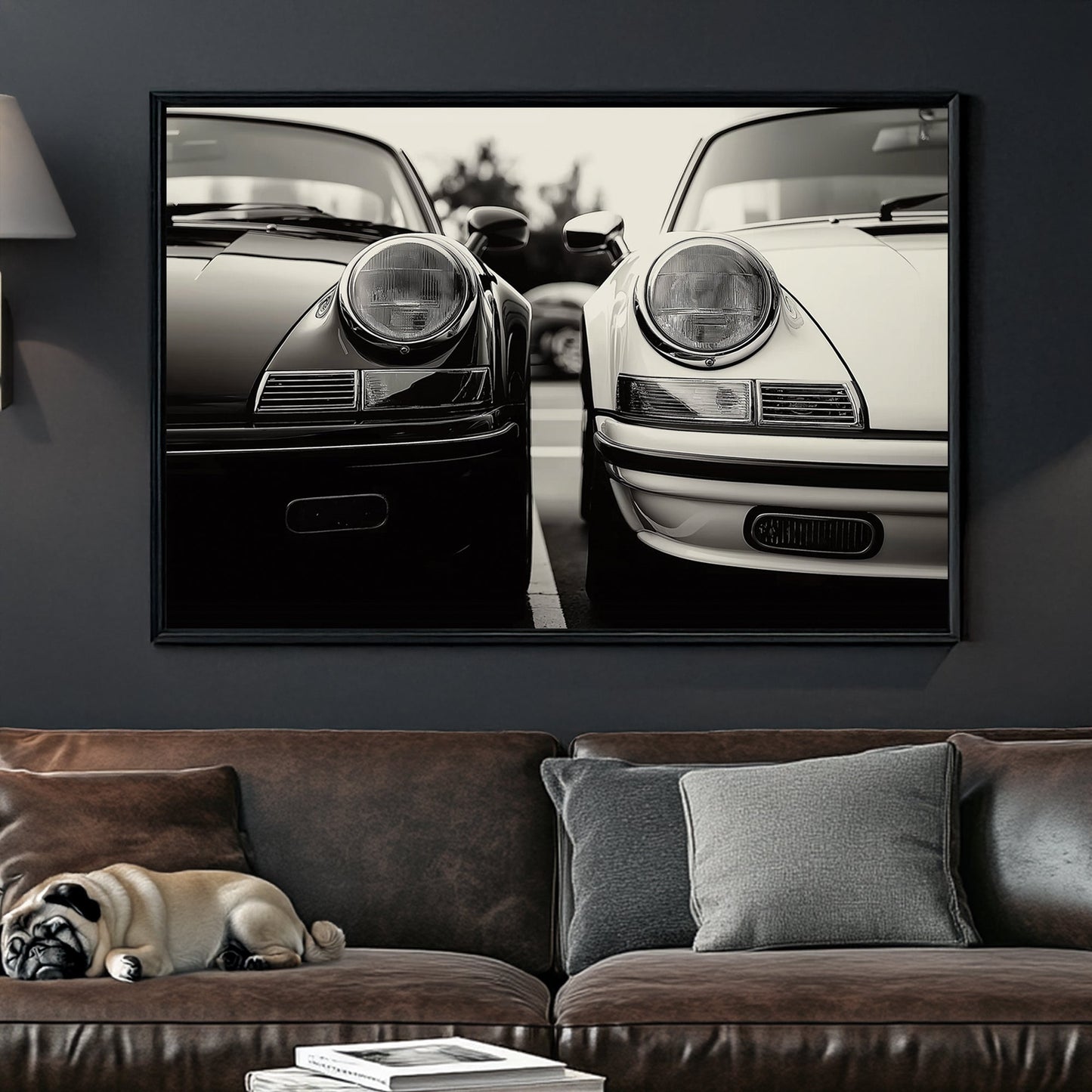 Black and white wall art featuring two vintage Porsche 911 cars parked side by side in a striking monochrome composition.