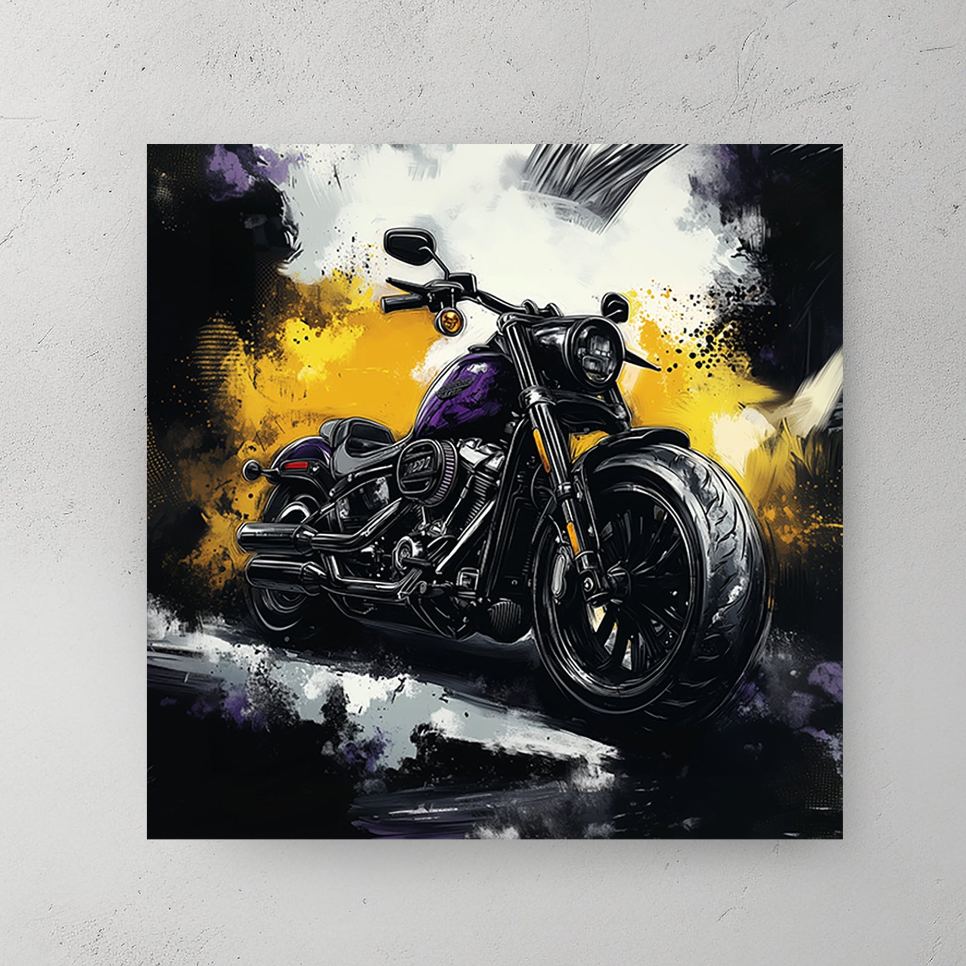 High-contrast Harley Davidson motorcycle wall art featuring a black and purple bike with a bold abstract background of yellow, black, and white.