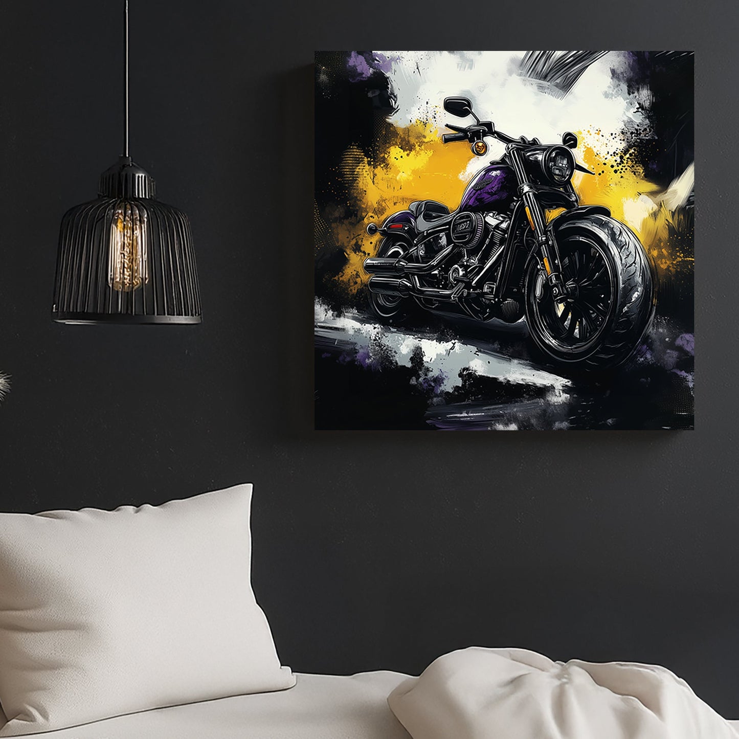 High-contrast Harley Davidson motorcycle wall art featuring a black and purple bike with a bold abstract background of yellow, black, and white.