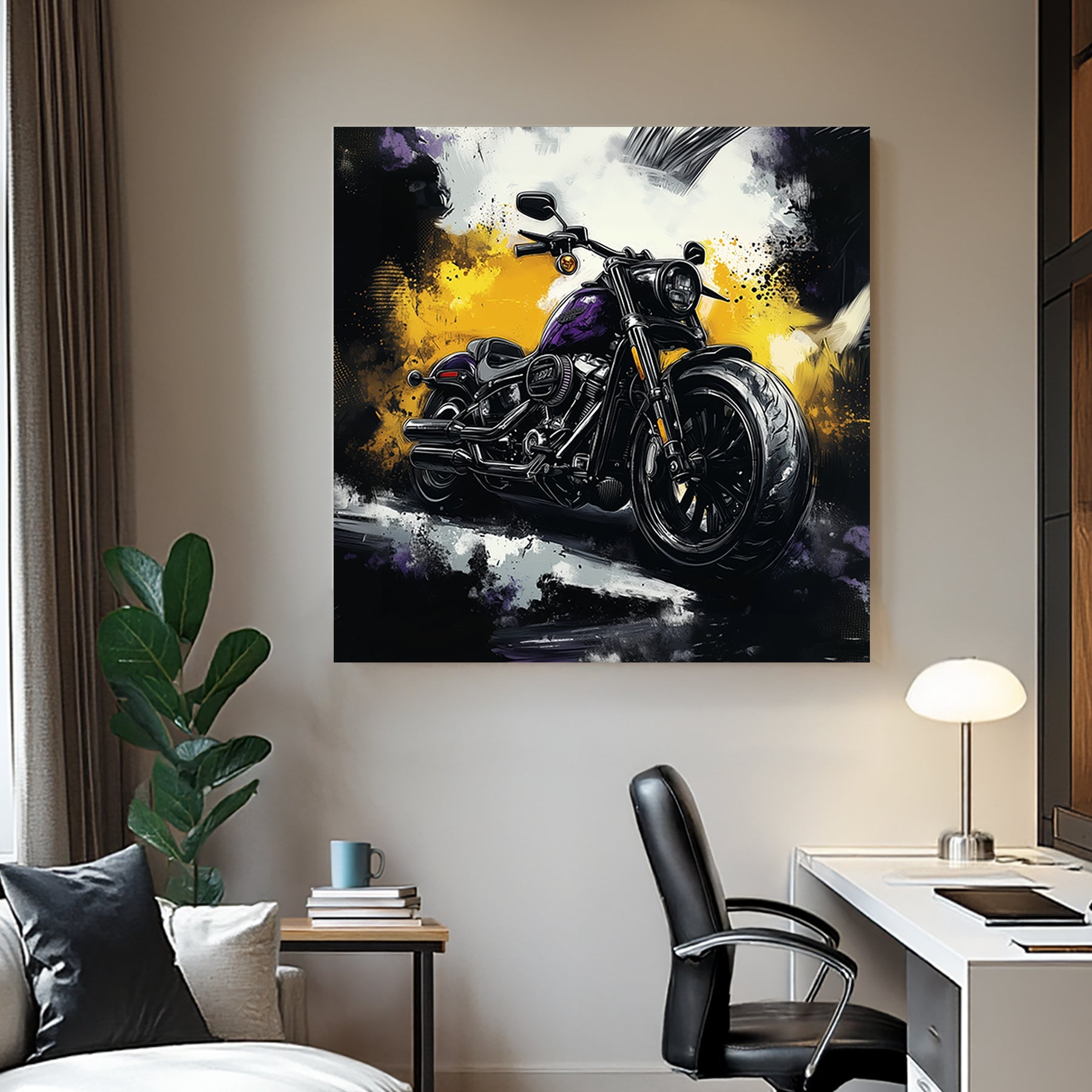 High-contrast Harley Davidson motorcycle wall art featuring a black and purple bike with a bold abstract background of yellow, black, and white.
