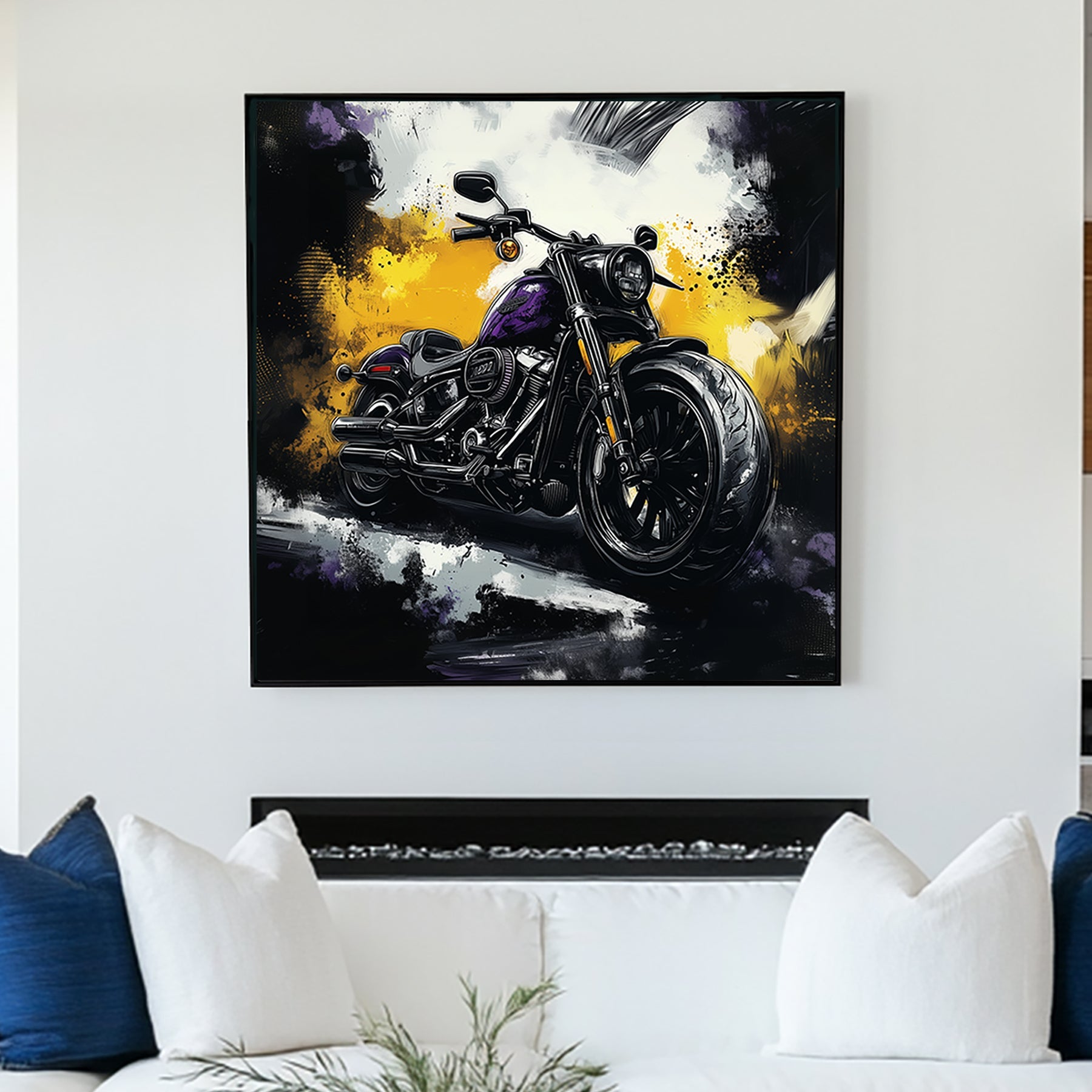 High-contrast Harley Davidson motorcycle wall art featuring a black and purple bike with a bold abstract background of yellow, black, and white.